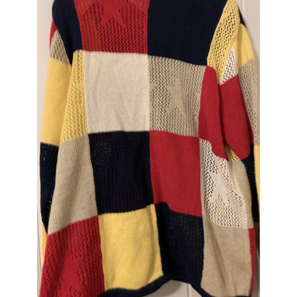 Breckenridge red blue yellow star themed knit button down sweater ramie blend L - Picture 5 of 5